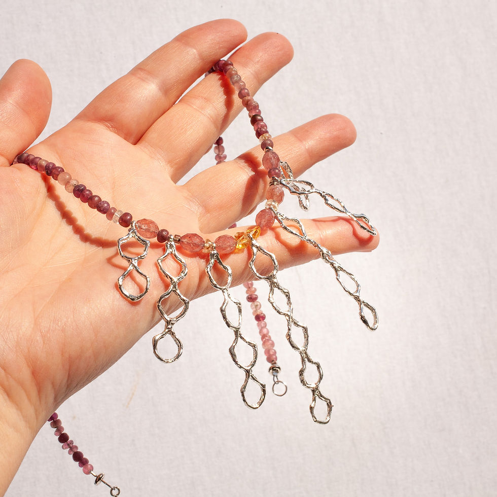Thumbnail: Silver and gemstone necklace displayed on hand