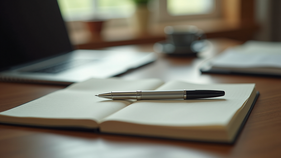 Eye-level view of a journal and pen on a wooden desk