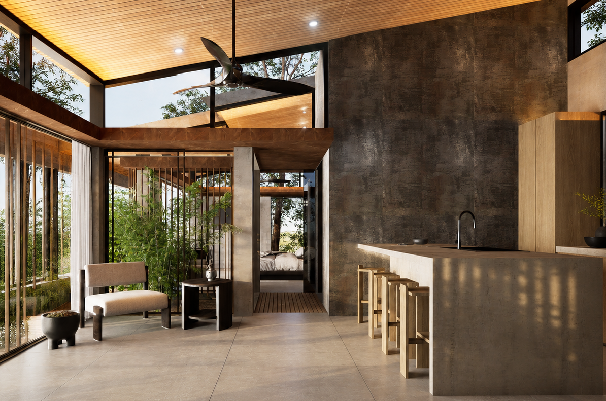 Interior of Sula, Sulara’s model home, featuring natural materials and open tropical design