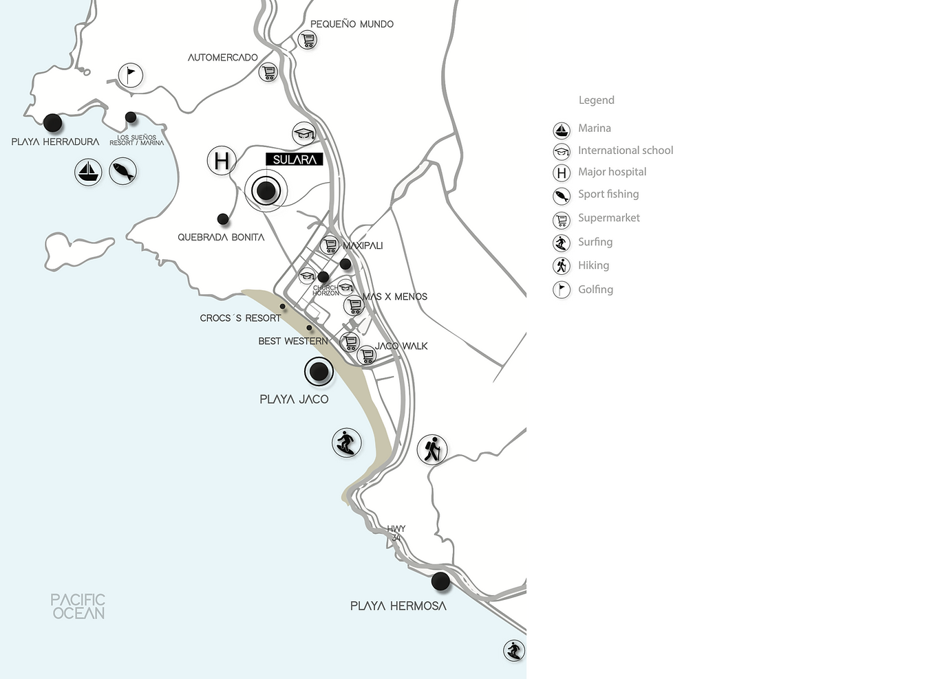 Map showing Sulara’s location on Costa Rica’s Central Pacific coast near Jacó