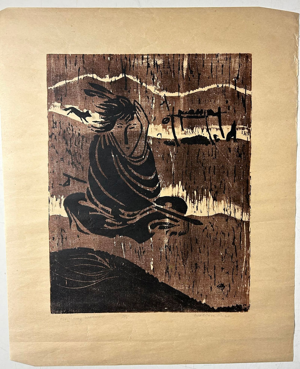 "Mourning Warrior" Wallace Rice, Sr., Mescalero Apache, woodblock  13/15