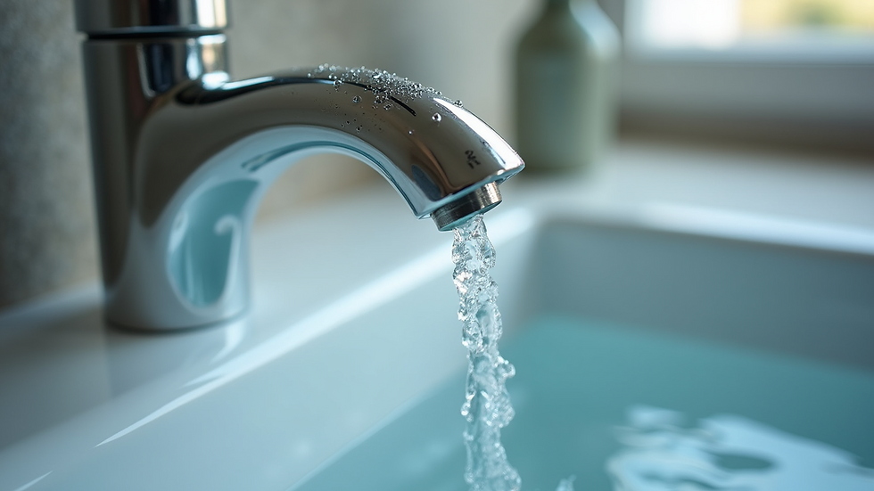 Close-up view of clean, filtered water flowing from a reverse osmosis tap