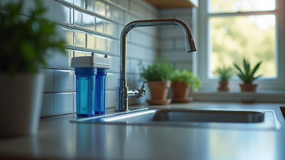 Eye-level view of a reverse osmosis filtration system installed under a kitchen sink
