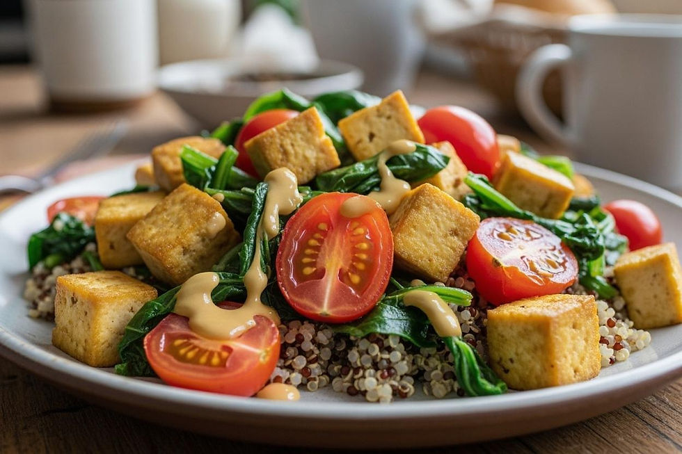 Tofu salad with cherry tomatoes, spinach, and quinoa on a white plate, drizzled with sauce.