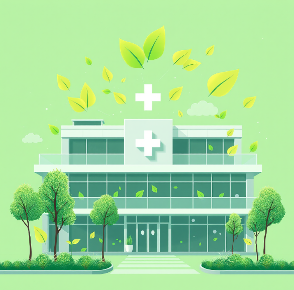 Edificio moderno blanco con símbolos de cruz médica, rodeado de árboles y hojas verdes flotantes. Fondo verde, atmósfera ecológica.
