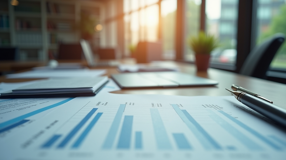 Close-up view of an office space with financial reports and supplies