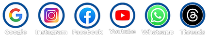 Ícones das plataformas Google, Instagram, Facebook, Youtube, Whatsapp e Threads.