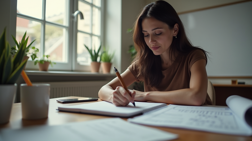 Eye-level view of a woman sitting at a desk with a notebook and pen, preparing for an autism assessment