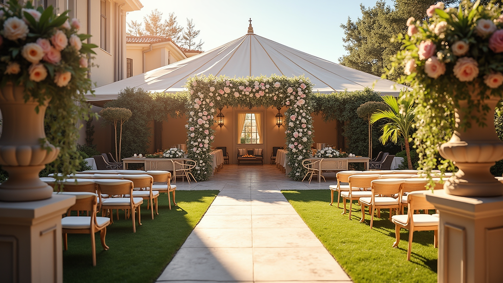 Wide angle view of a beautifully decorated outdoor event space