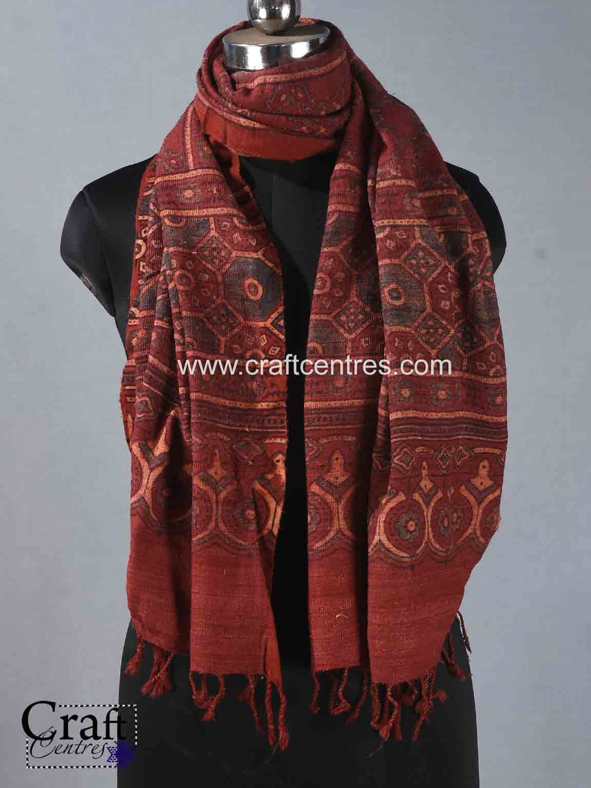 Handwoven and hand block print Ajrakh wool stole