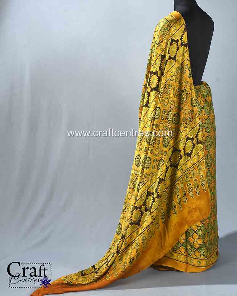 Yellow ajrakh block print saree