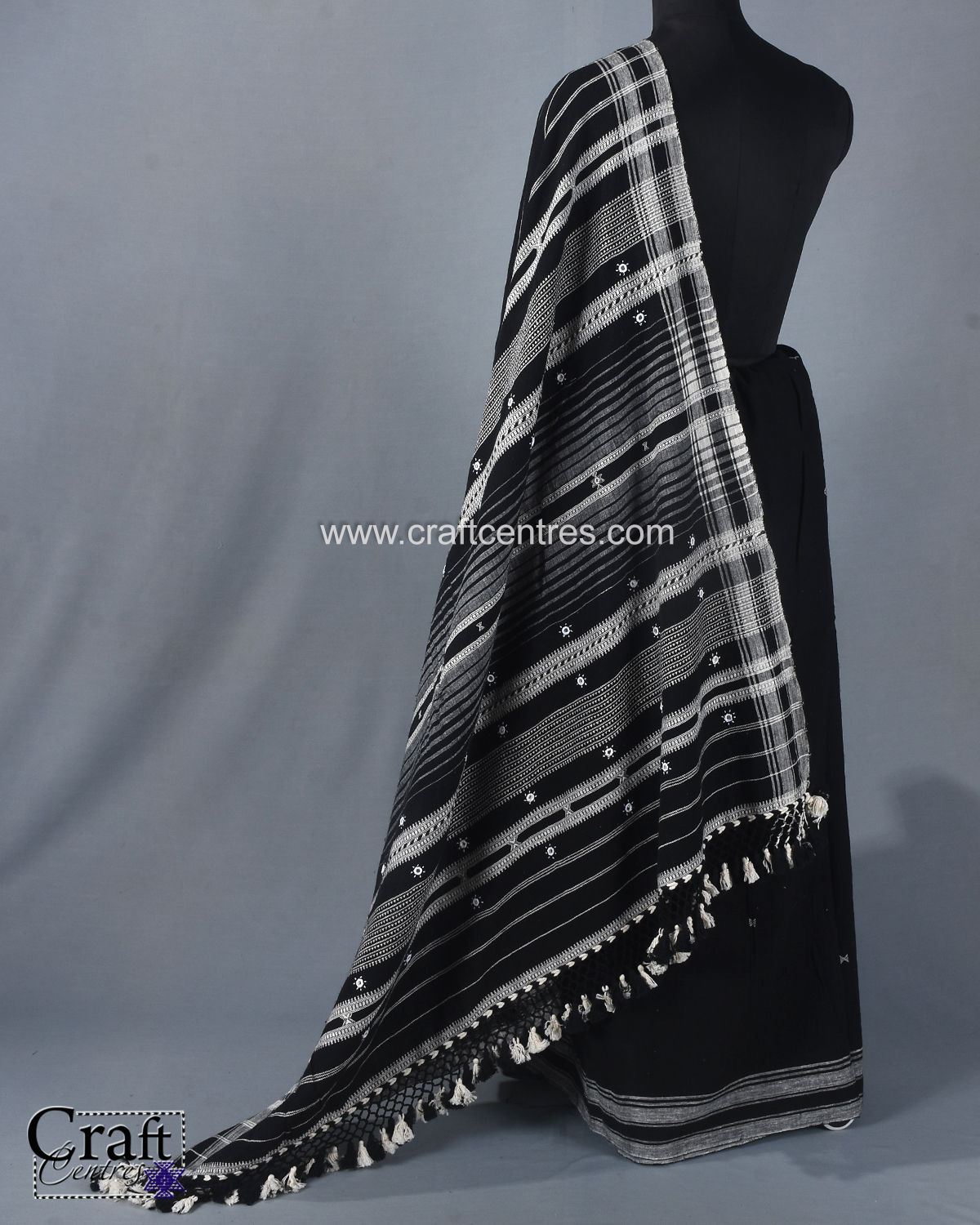 Black Kala Cotton Mirror Work Bhujodi Handloom Saree