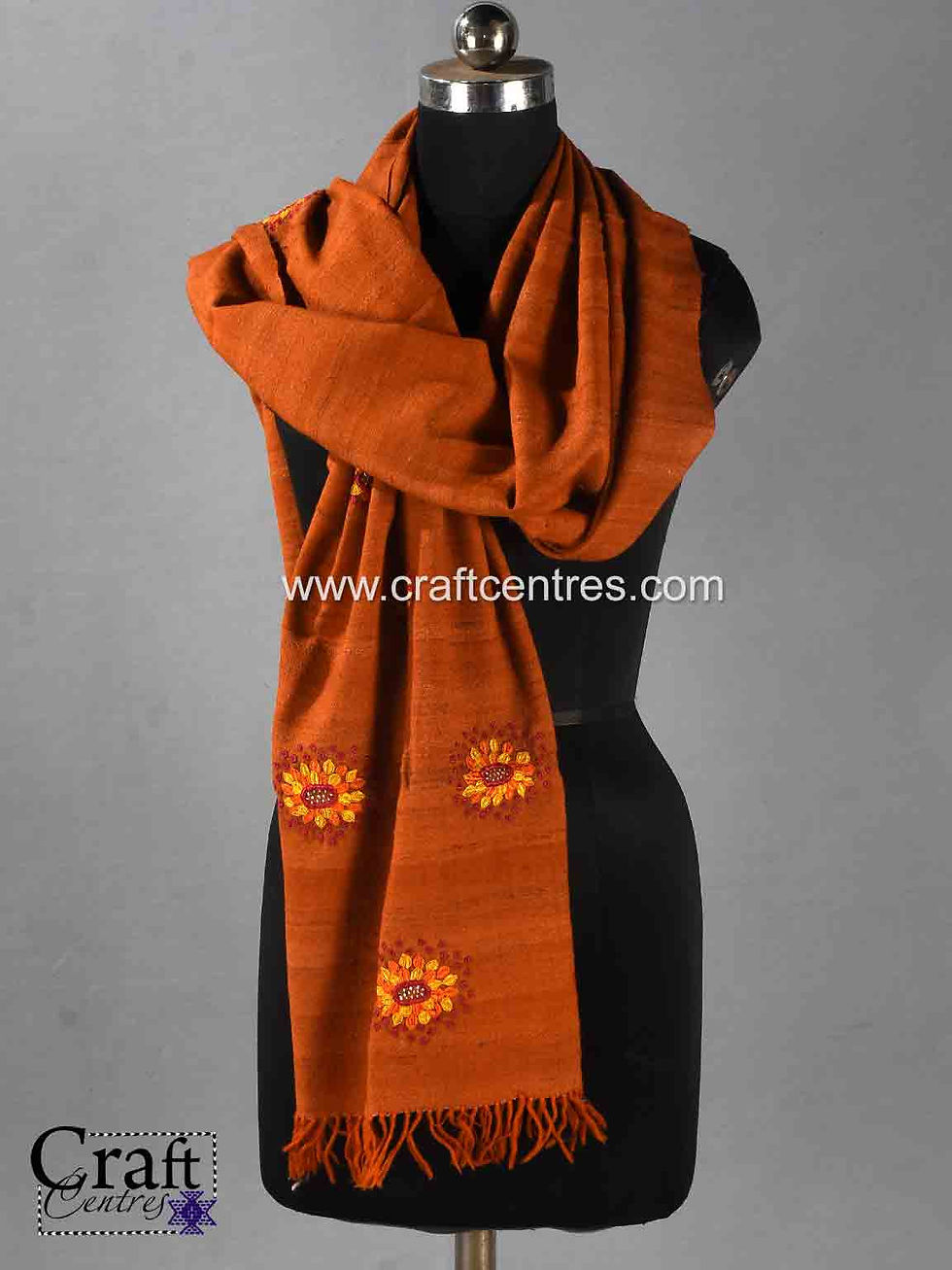 Tussar Silk And Wool Stole With Pakko Kutch Embroidery