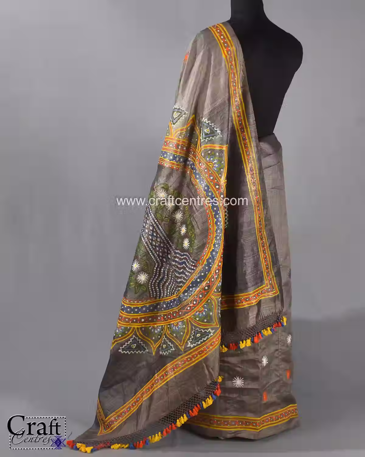 Grey Handloom Tussar Silk Rogan Art Saree
