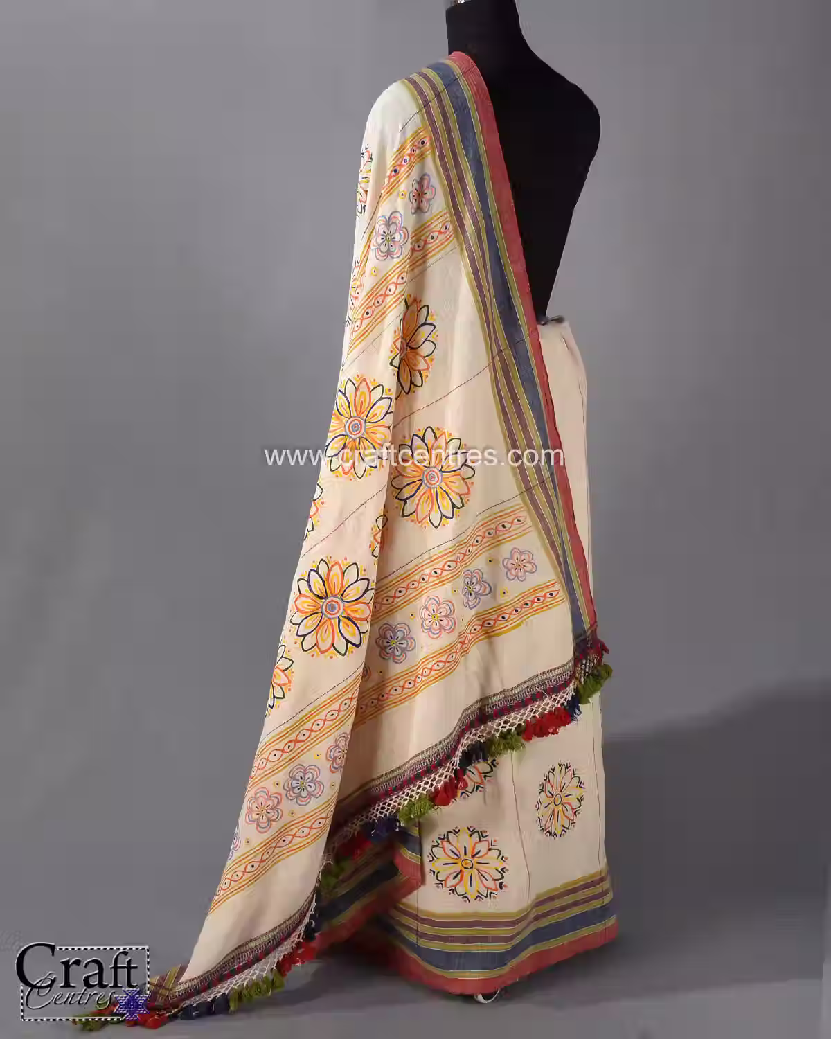 White Floral Rogan Painting Kala Cotton Bhujodi Saree