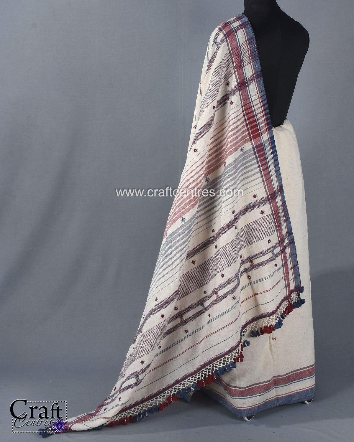White Mirror Work Kala Cotton Bhujodi Handloom Saree