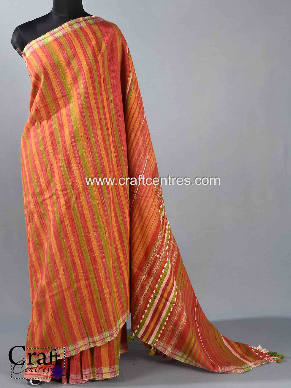 Thumbnail: Close-up of the striped pattern on handloom Tussar Bhujodi saree, showing kala cotton warp and Tussar silk texture.