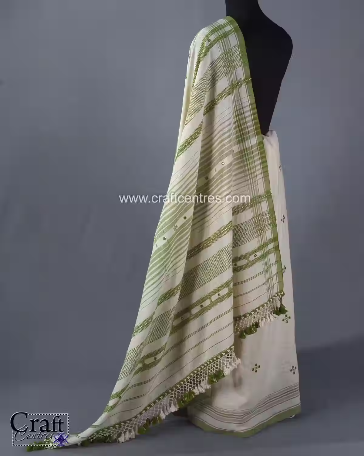 Mirror Work White And Green Bhujodi Kala Cotton Saree
