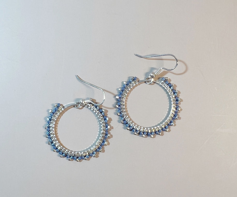 blue and silver beaded hoop drop earrings