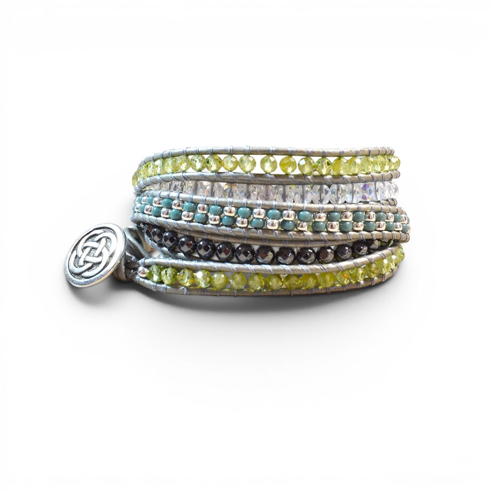 peridot beaded leather wrap bracelet side view