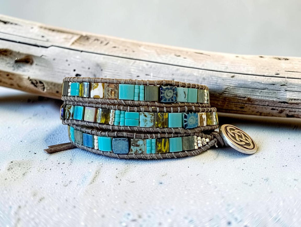 turquoise and blue tila triple wrap leather bracelet side view