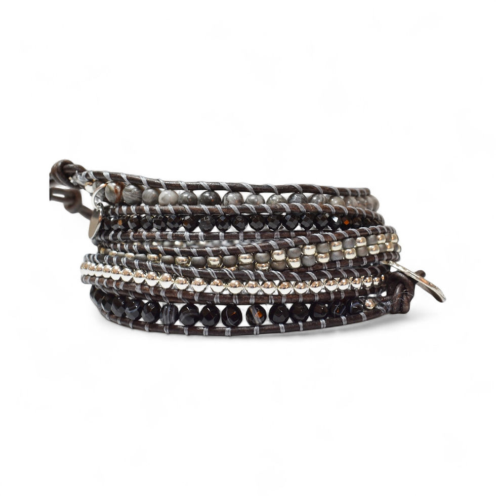 black agate, gray and silver 5 leather wrap bracelet