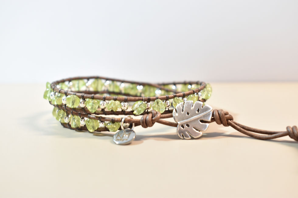 peridot and silver beaded leather wrap bracelet button view