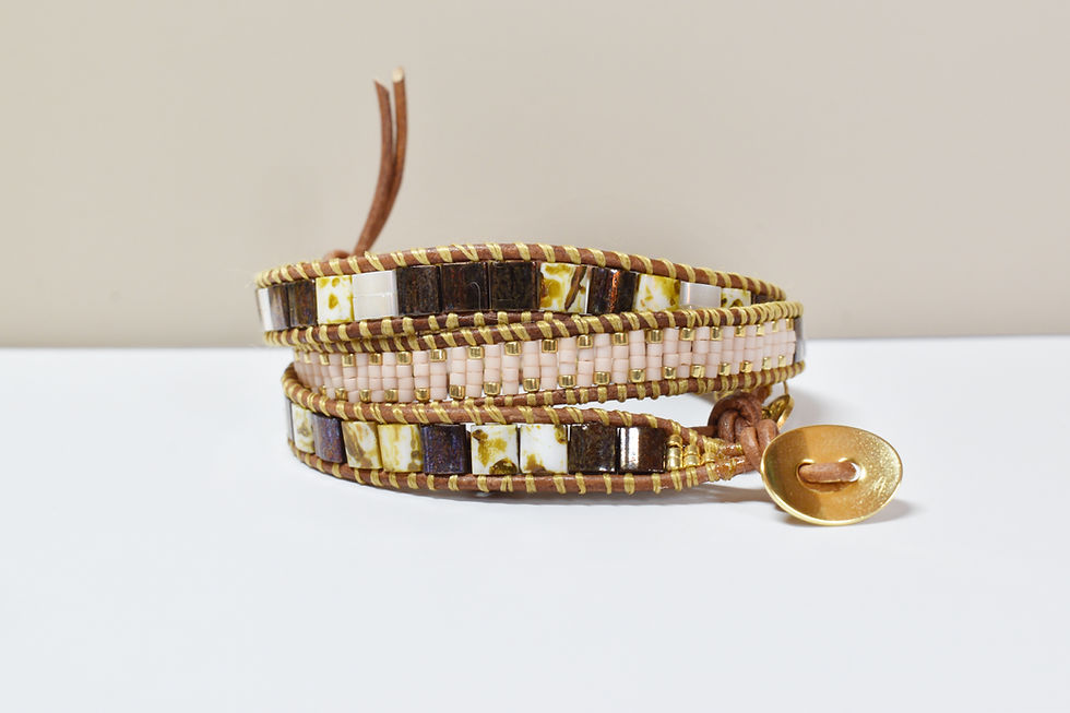 brown and cream seed bead triple wrap bracelet