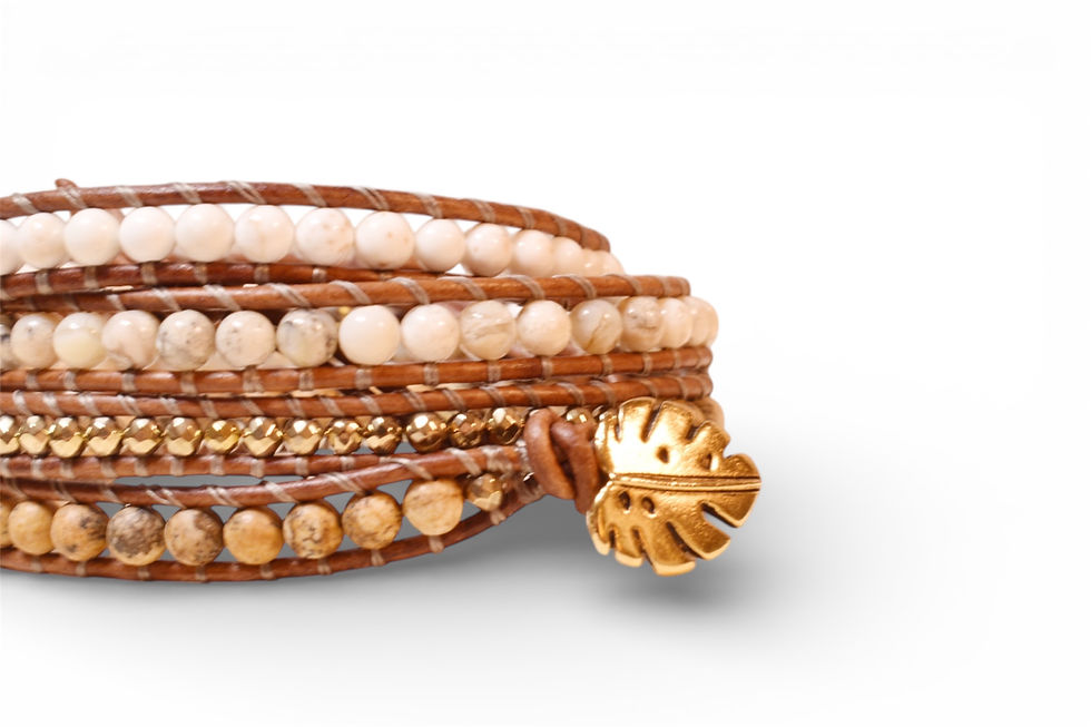 neutral stone leather wrap bracelet close up view