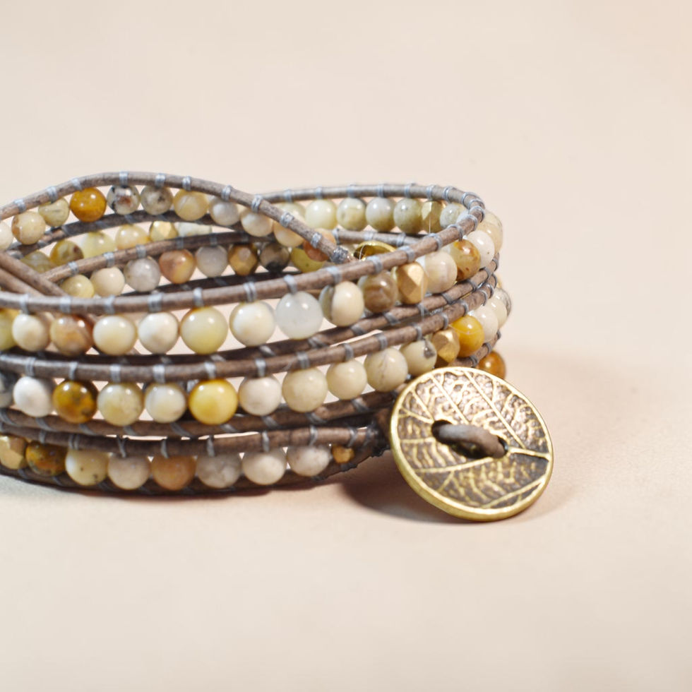 beaded leather wrap bracelet in neutral stones side view