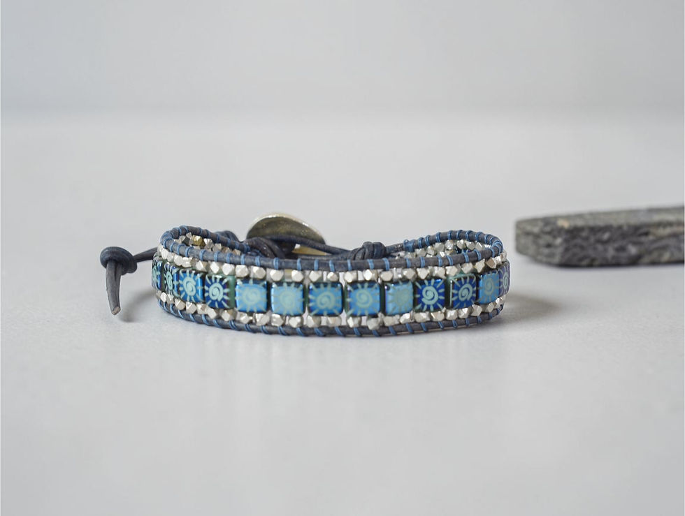 Thumbnail: Blue sun tile beaded cuff style leather wrap bracelet, back view