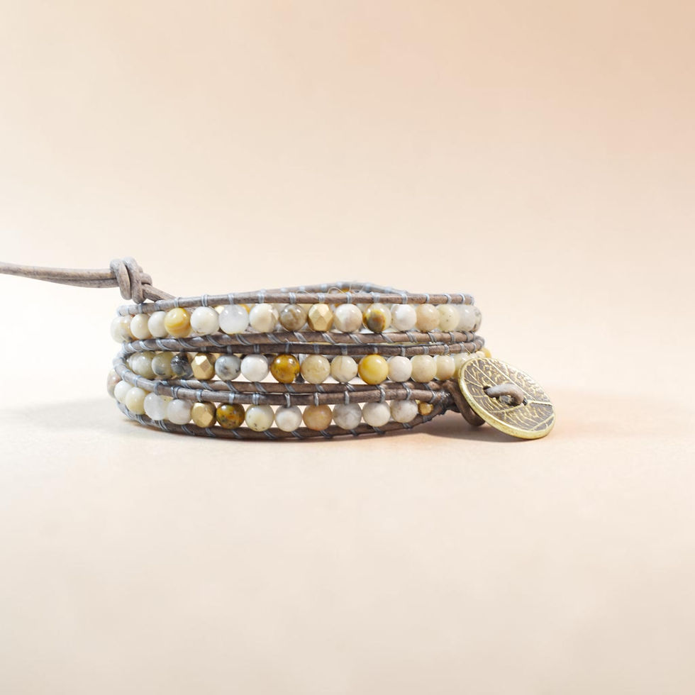 beaded leather wrap bracelet in neutral stones side view