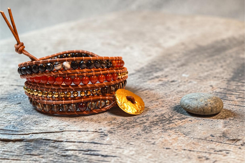 carnelian and smoky quartz 4 leather wrap bracelet, side view