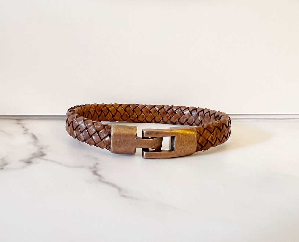 men's braided leather bracelet with copper clasp, front view