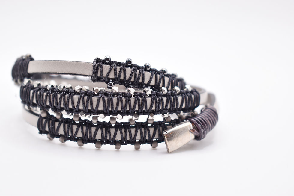 Thumbnail: leather wrap bracelet on wide lace leather with macramé and beads