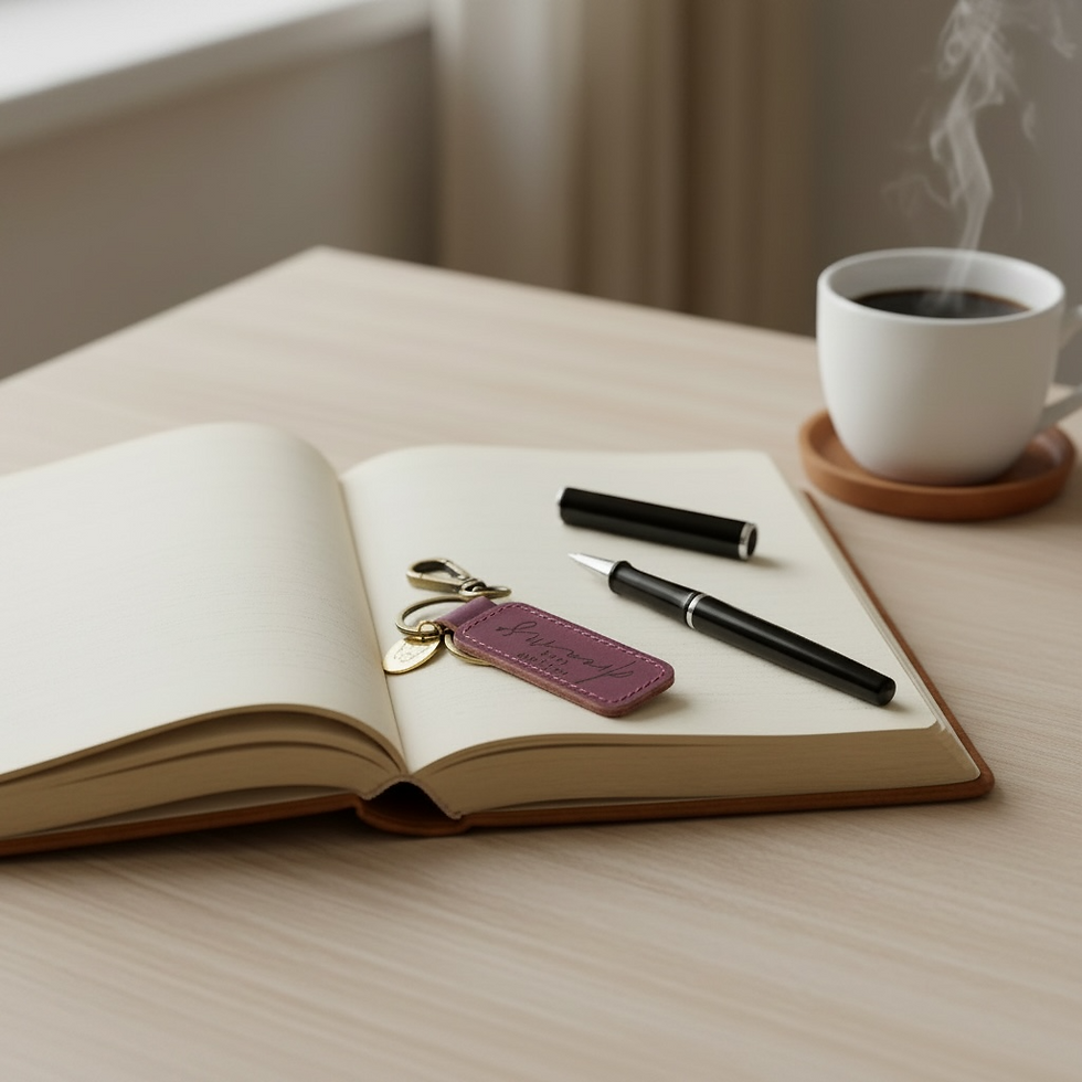 journal and coffee with key tag on table