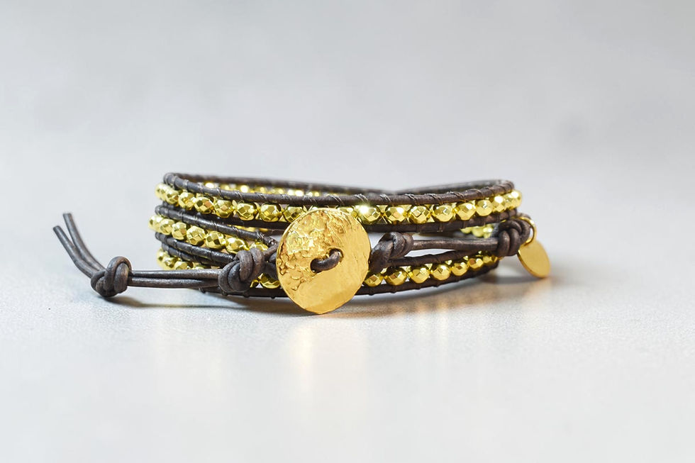 gold hematite leather wrap bracelet front view