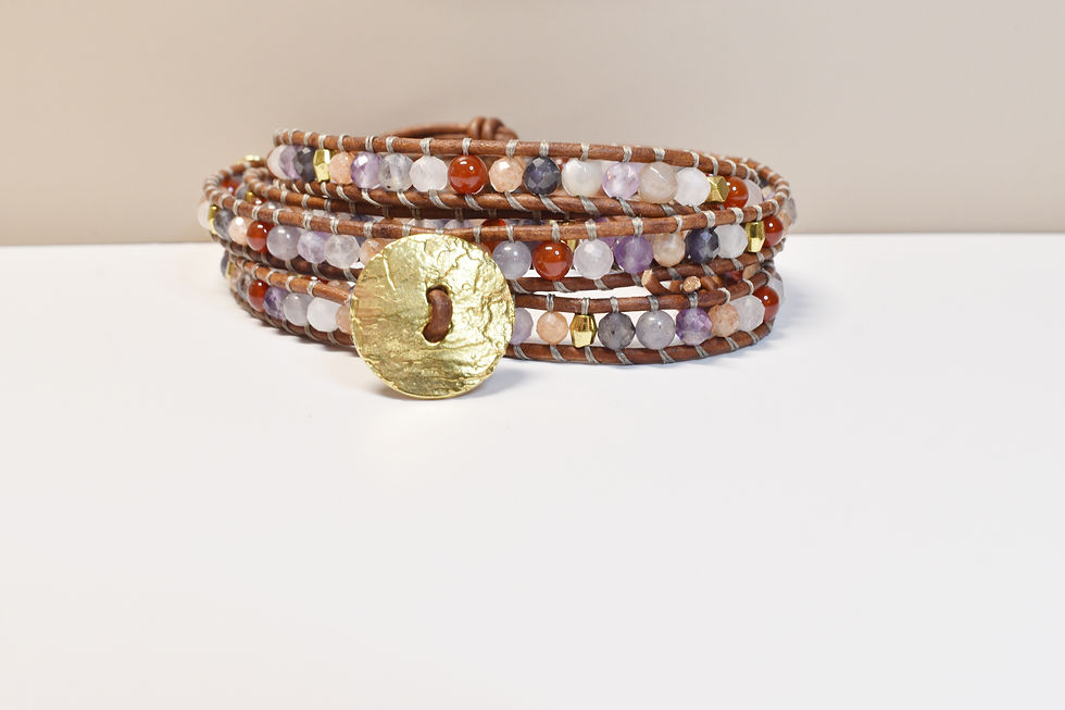 Thumbnail: leather 5 wrap bracelet with mix stones the colors of sunset, front view