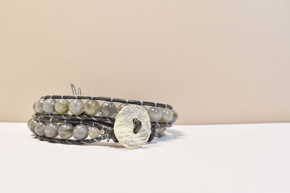 Thumbnail: double leather wrap bracelet on gray leather with labradorite front view