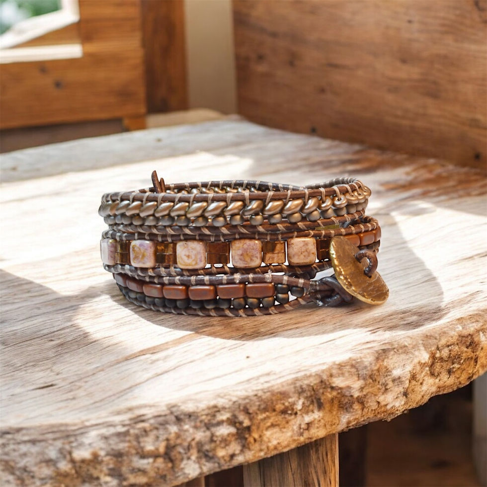 boho chic brown triple wrap bracelet on wood counter