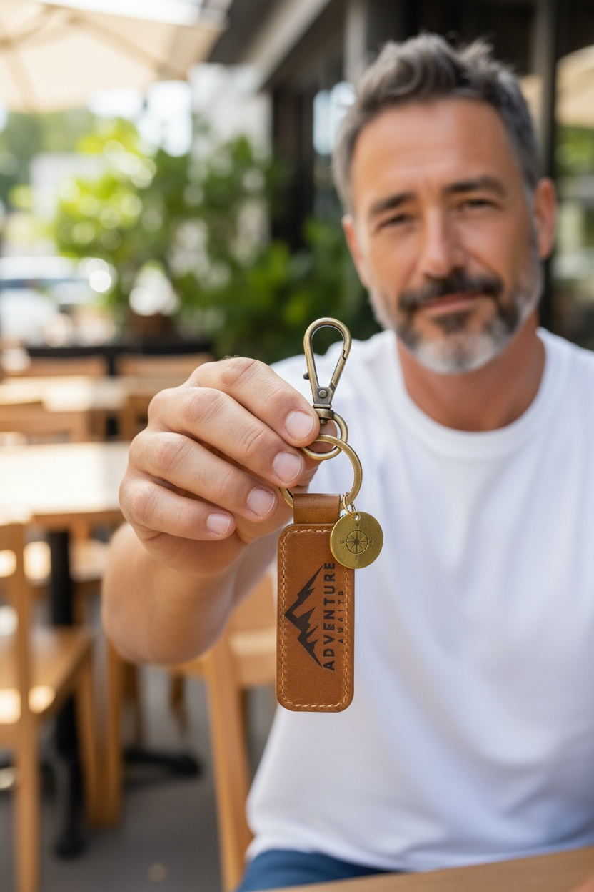 man holding adventure awaits key tag