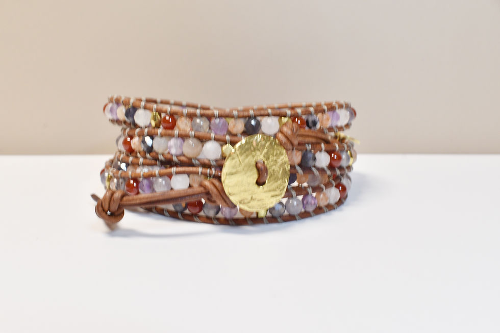 Thumbnail: leather 5 wrap bracelet with mix stones the colors of sunset, front view