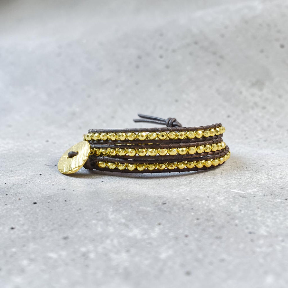 gold hematite leather wrap bracelet side view