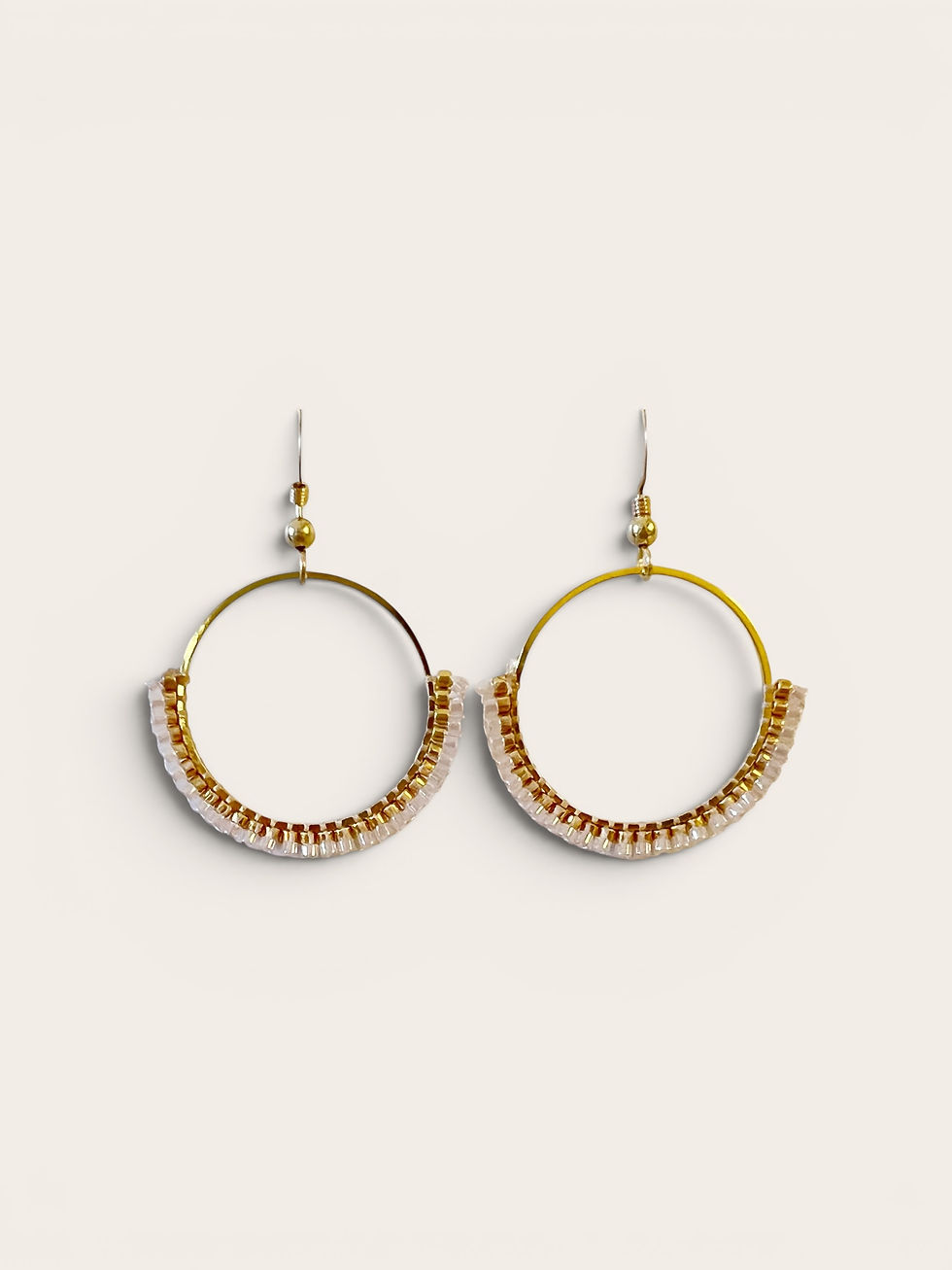 Thumbnail: pink and gold beaded hoop drop earrings