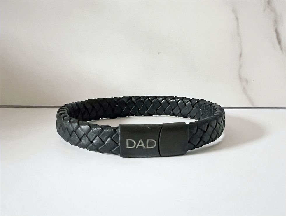 Thumbnail: men's braided leather black bracelet with engraving on clasp