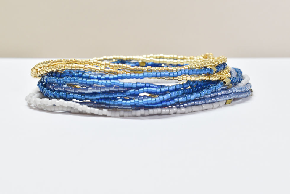 seed bead stacking bracelets in sapphire and gold front view