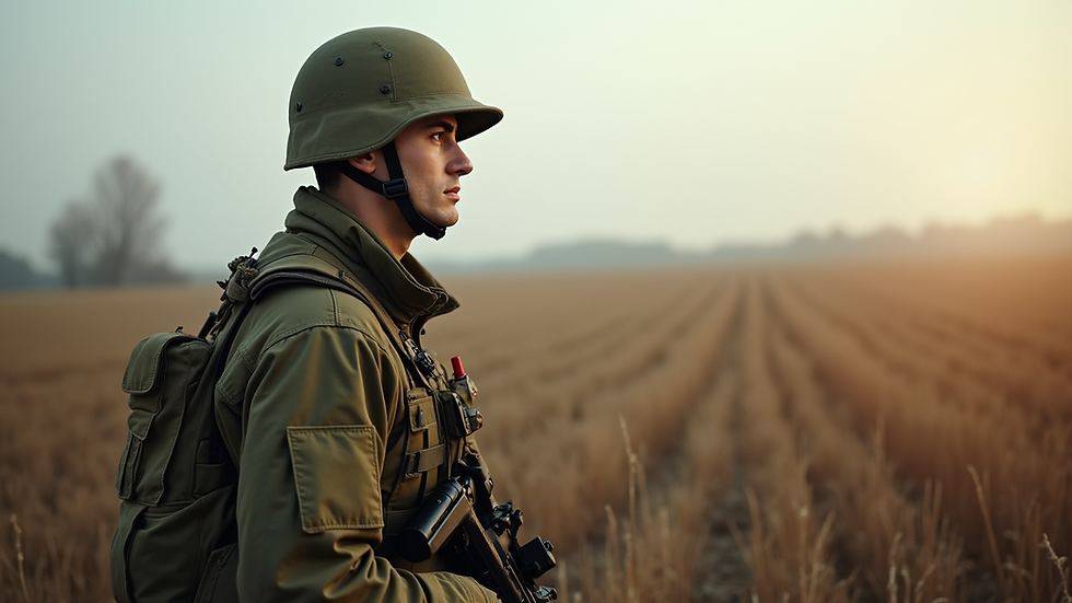 Eye-level view of a Ukrainian soldier standing in a field