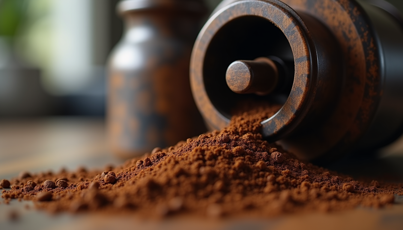 Eye-level view of a coffee grinder with freshly ground coffee spilling out