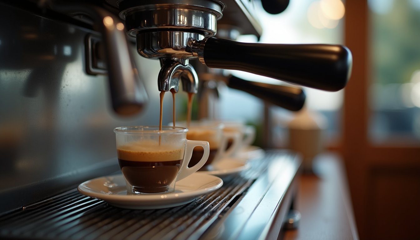 Eye-level view of a coffee machine with various coffee types