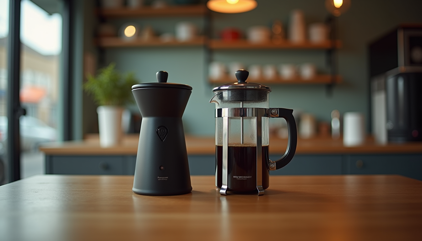 Eye-level view of a coffee grinder next to a French press on a wooden table
